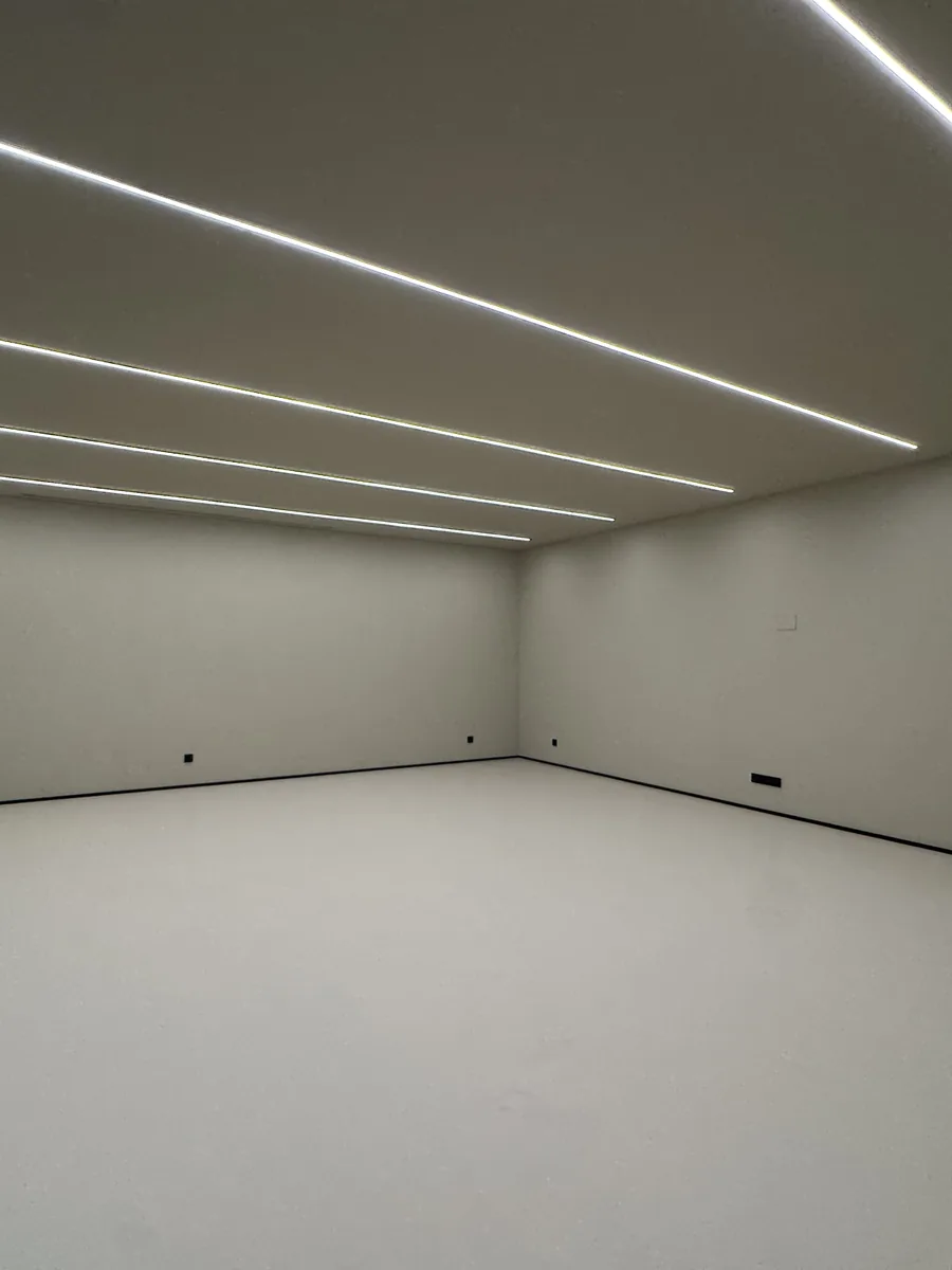 A finished room on the lower level under linear lighting